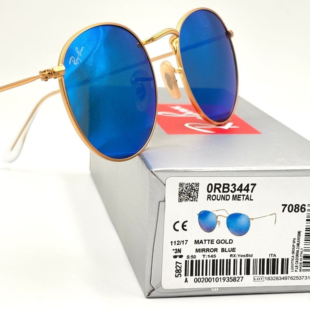 Ray-Ban Lennon Sunglasses RB3447 Round Classic Gold Frame Blue Flash Mirror - Picture 3 of 15